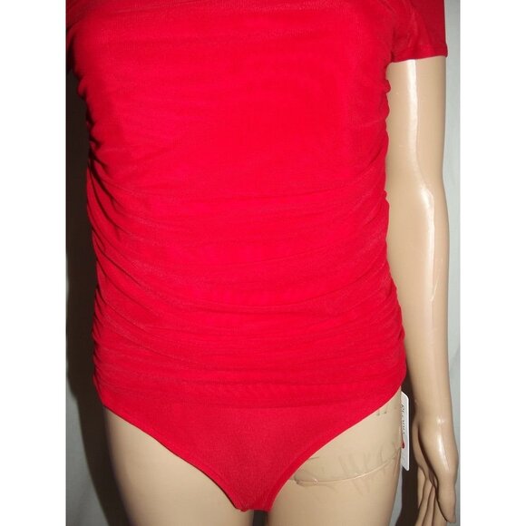 Reoria Bodysuit Womens Large Medium Red high mock neck Short Sleeve sheer ruched - Picture 6 of 13